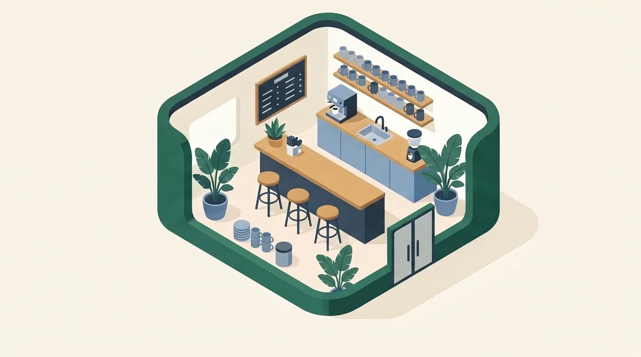 Ilustração de uma cafeteria vista em perspectiva, com balcão, banquetas e plantas