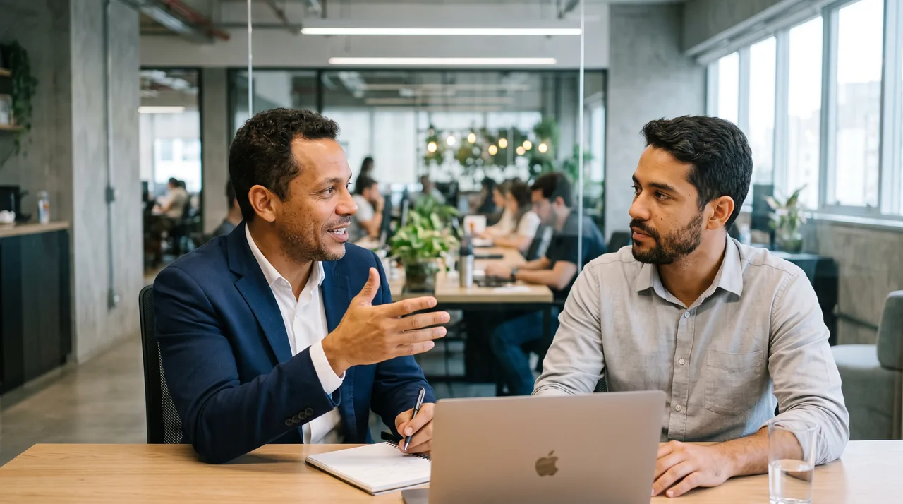Dois profissionais em uma sala de reunião discutindo uma proposta de antecipação de recebíveis, com um notebook sobre a mesa