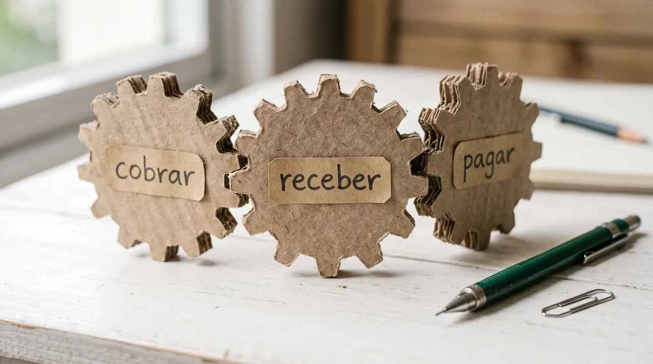 Três engrenagens de papelão encaixadas sobre uma mesa, com as etiquetas cobrar, receber e pagar