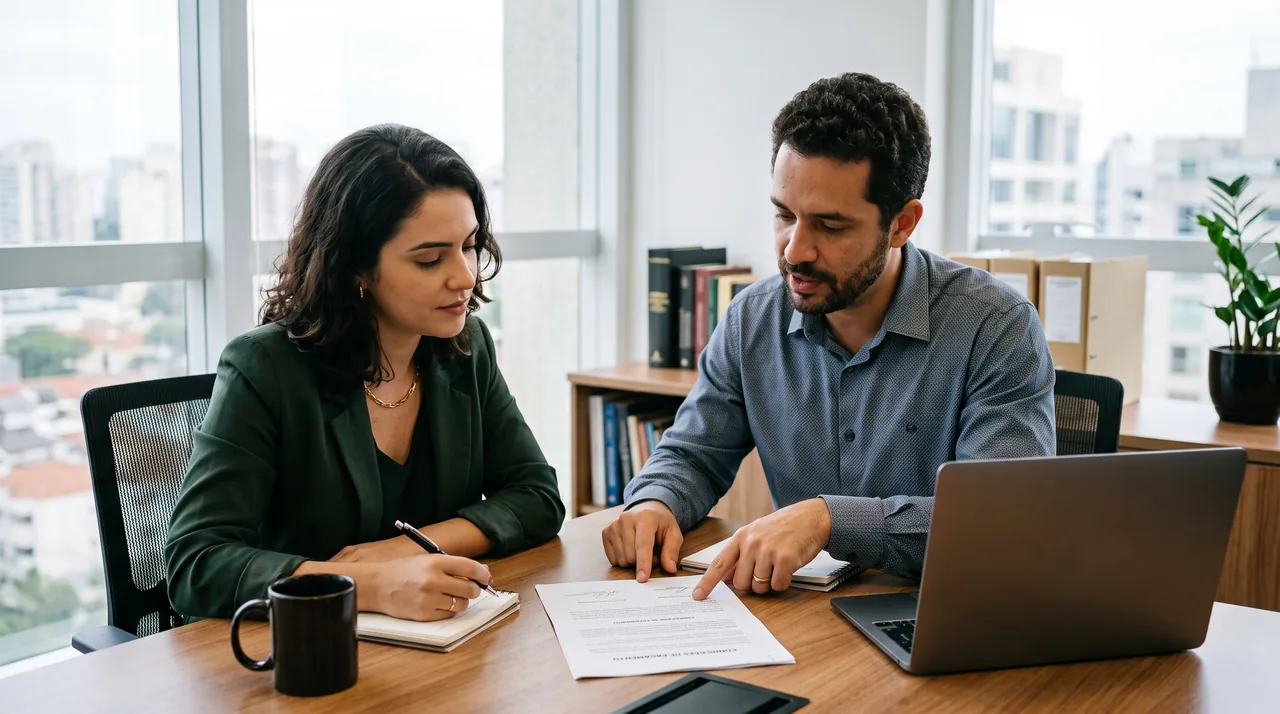 Dois profissionais revisando as condições de pagamento de um contrato em uma mesa de escritório, com notebook e caderno
