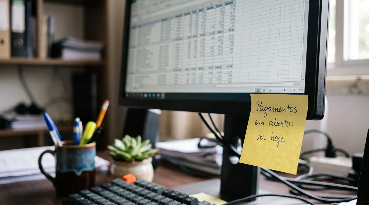 Post-it amarelo colado no monitor com a anotação pagamentos em aberto: ver hoje, com uma planilha na tela