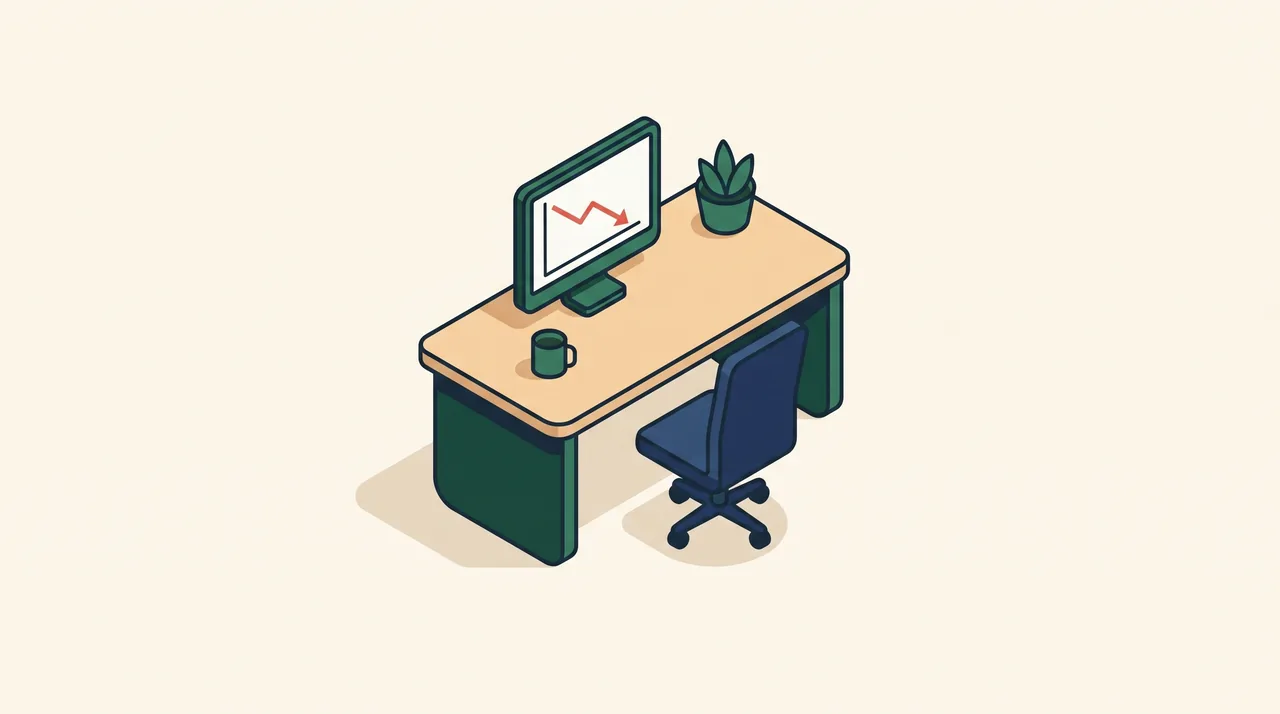 Ilustração de uma mesa de escritório com um monitor que exibe um gráfico em queda, representando o fluxo de caixa negativo