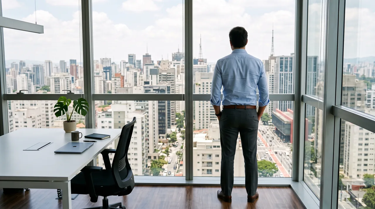 Empresário de costas, em pé diante da janela do escritório, observando os prédios da cidade