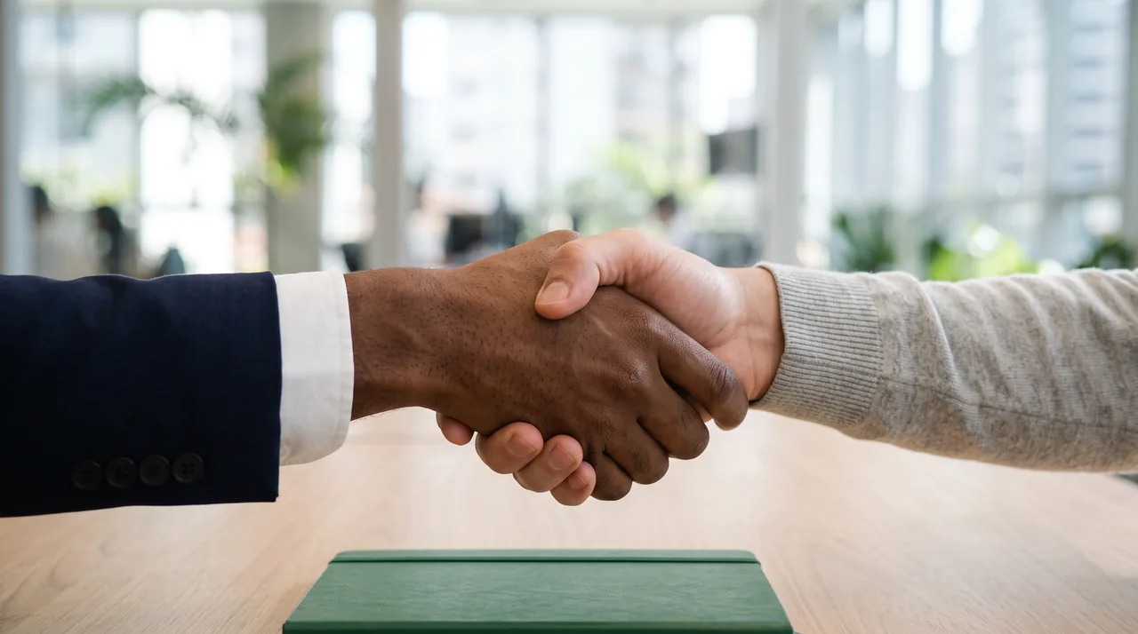 Aperto de mãos entre duas pessoas sobre uma mesa de reunião, com um caderno verde em primeiro plano