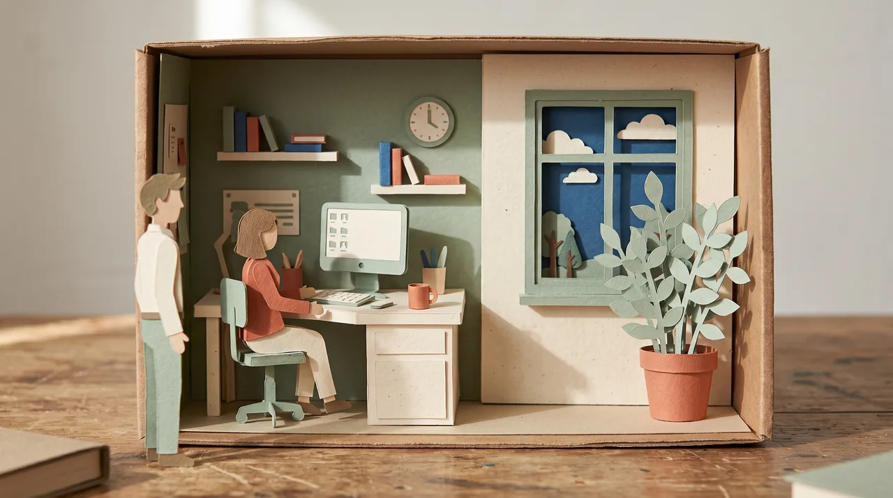 Maquete em papel recortado de um escritório, com uma pessoa ao computador e outra em pé ao lado da mesa